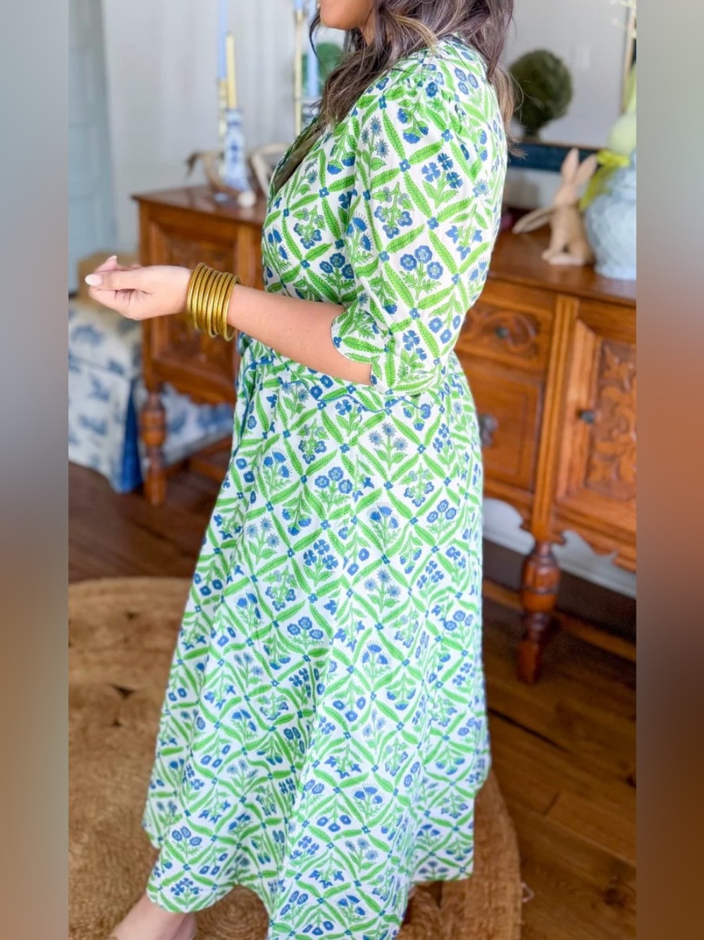 Cotton Block print Green Patterned Midi Dress with Tie Waist